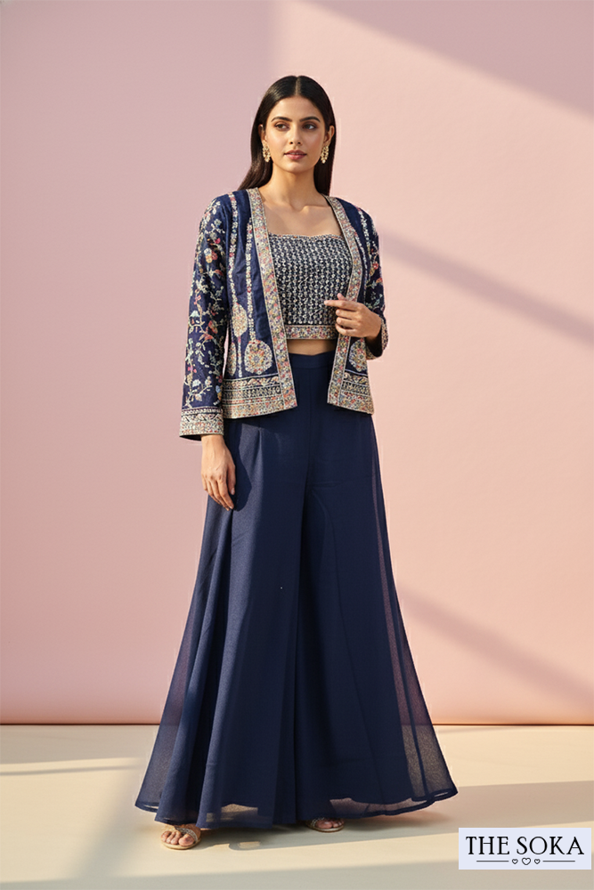 Navy Blue Embroidered Crop Top with Flared Palazzo & Jacket Set