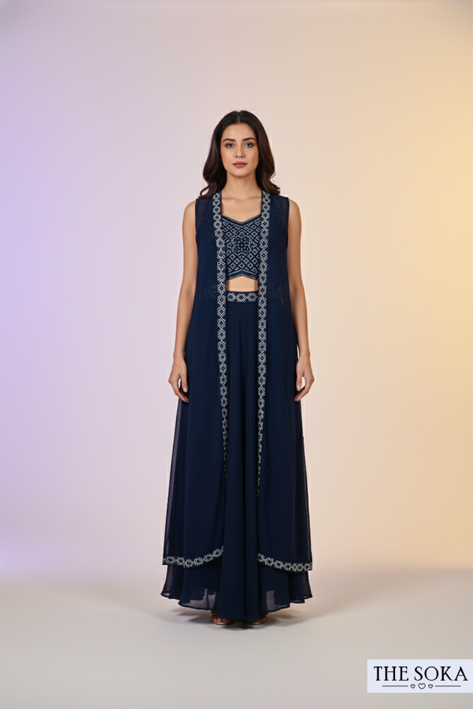 Navy Blue Embroidered Crop Top with Palazzo and Long Jacket Set