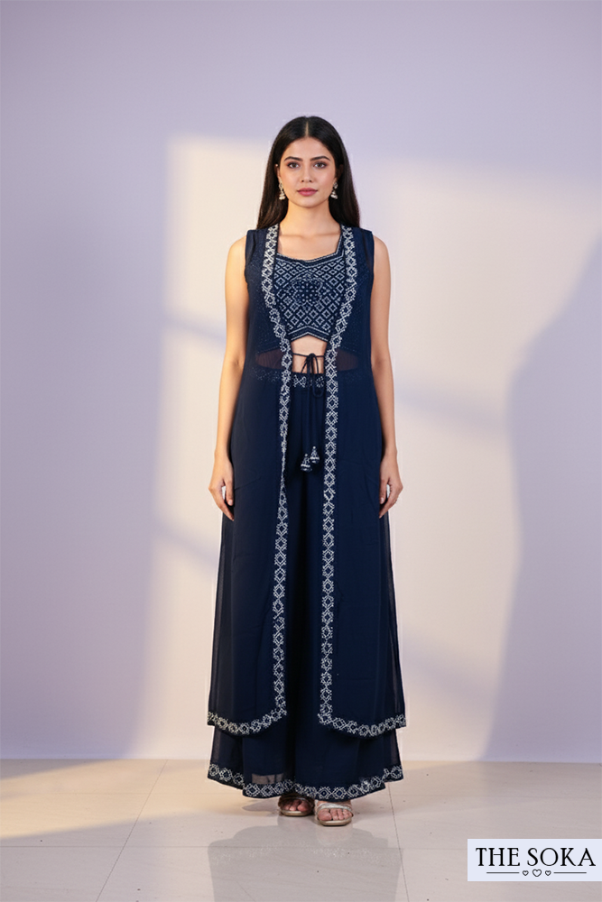 Navy Blue Embroidered Crop Top with Palazzo and Long Jacket Set
