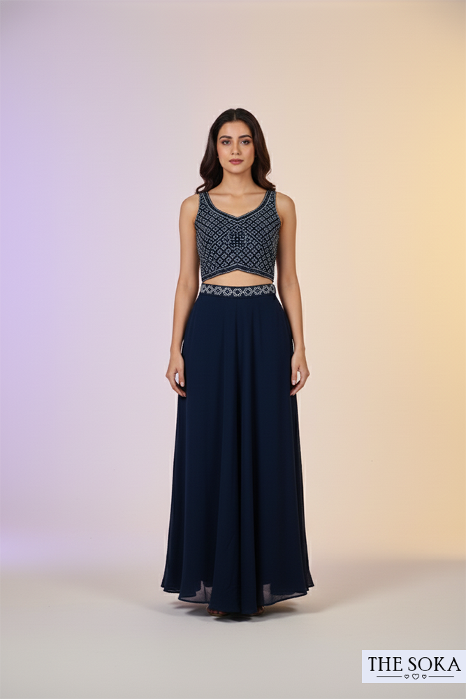 Navy Blue Embroidered Crop Top with Palazzo and Long Jacket Set