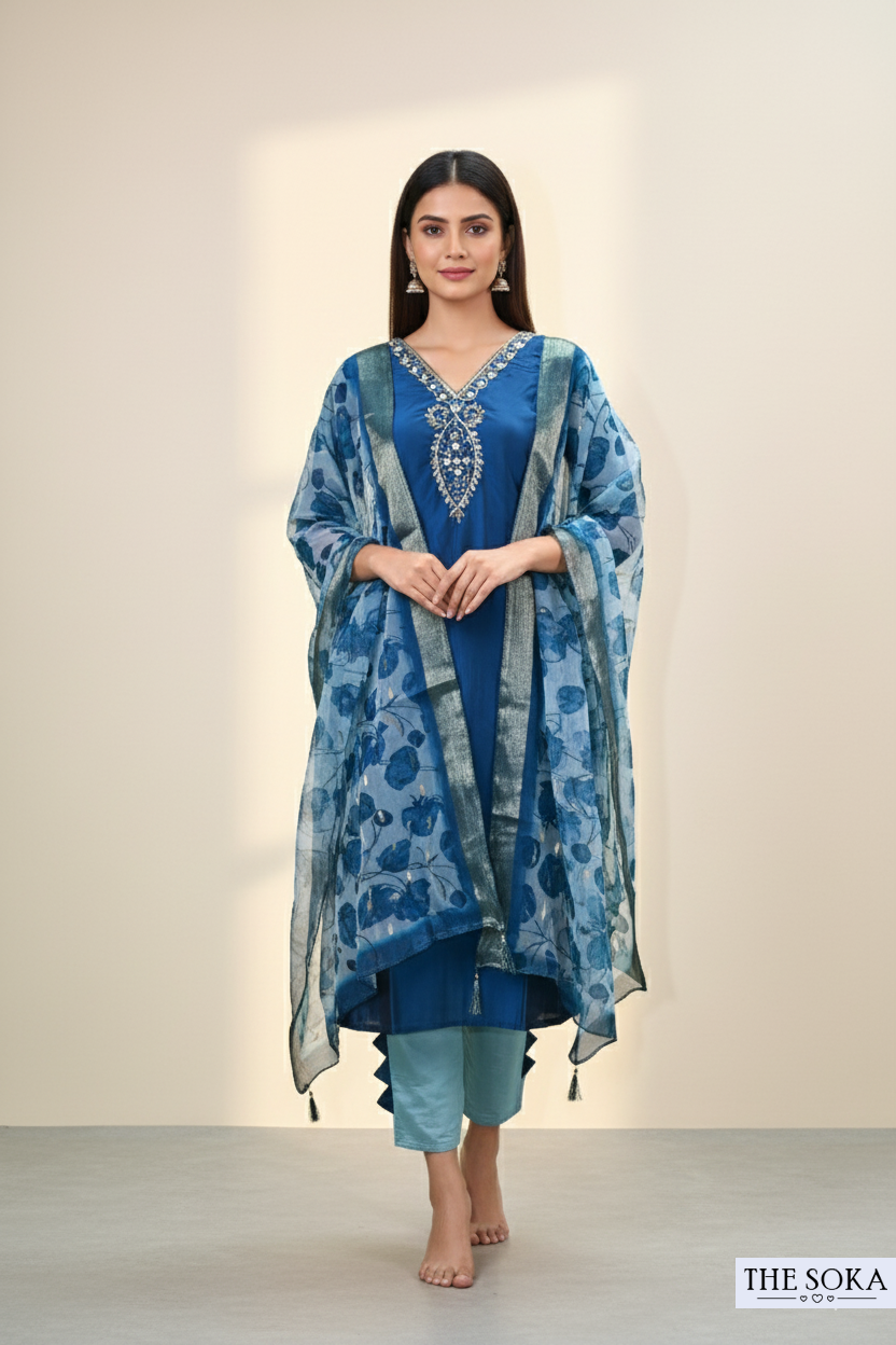 Navy Blue Embroidered Kurta Set with Floral Dupatta