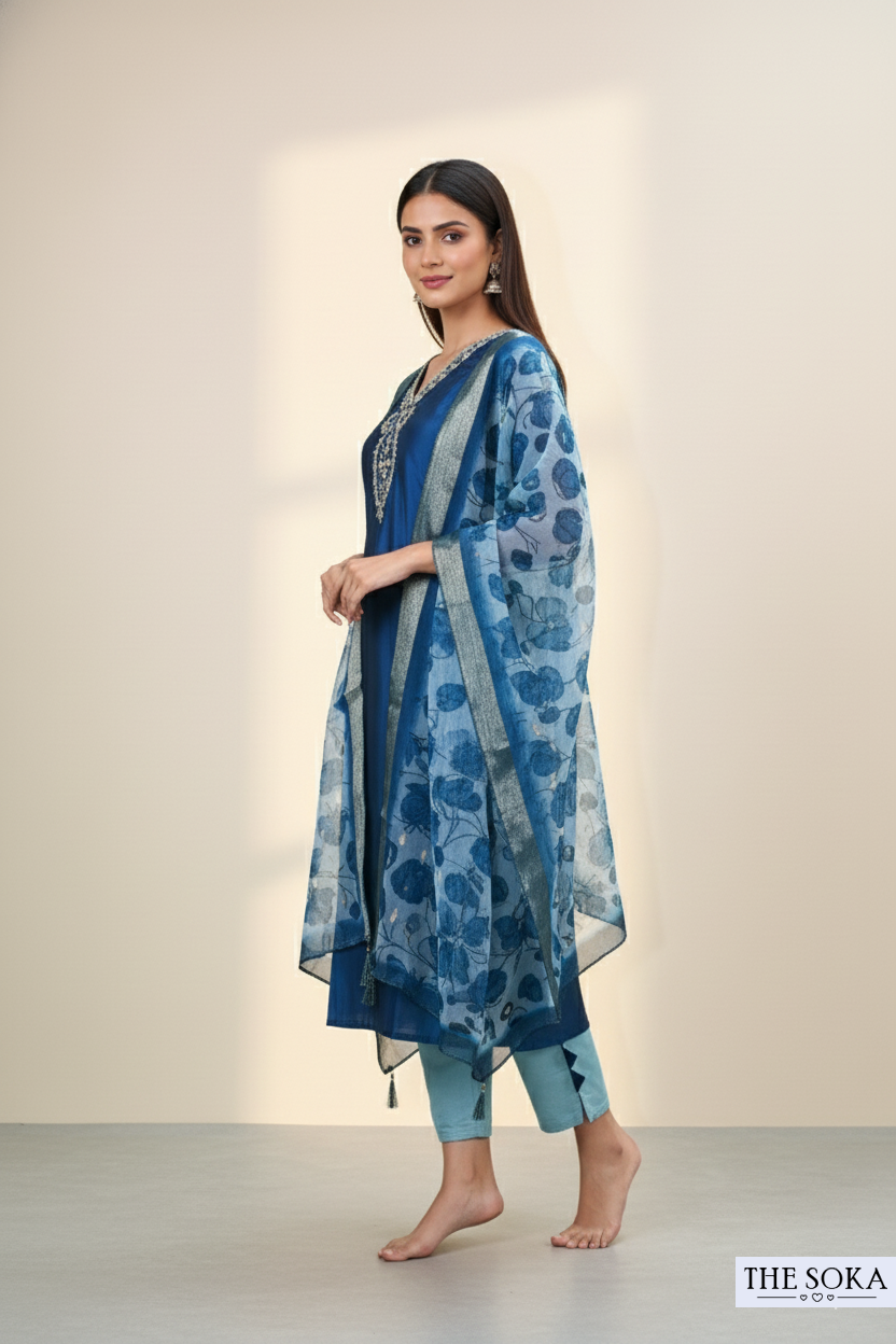 Navy Blue Embroidered Kurta Set with Floral Dupatta