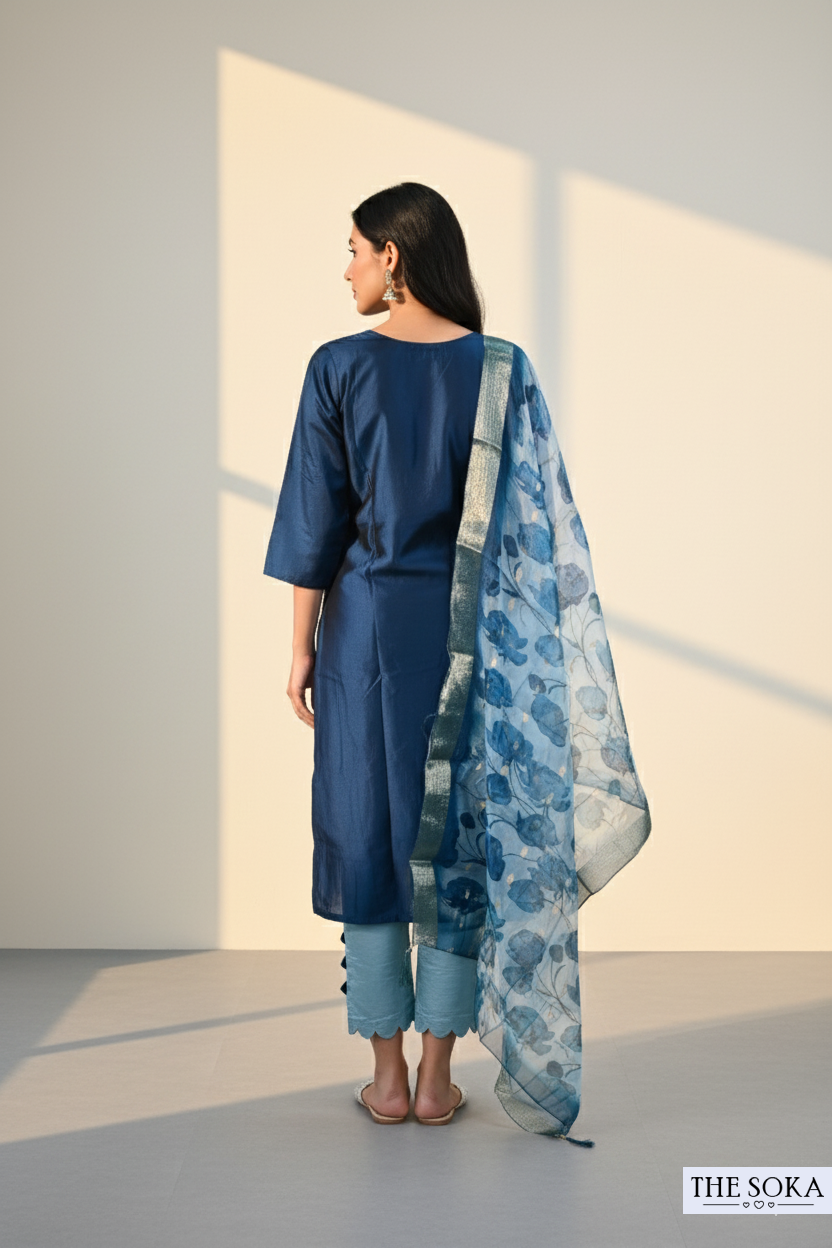 Navy Blue Embroidered Kurta Set with Floral Dupatta