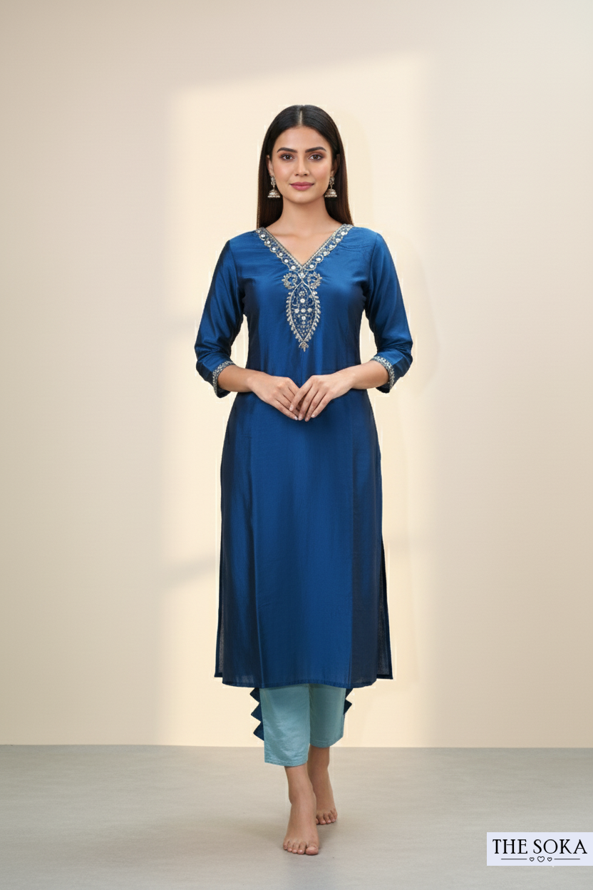 Navy Blue Embroidered Kurta Set with Floral Dupatta