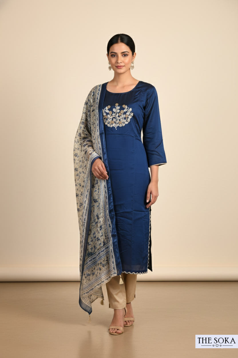Navy Blue Embroidered Kurta Set with Printed Dupatta and Pant
