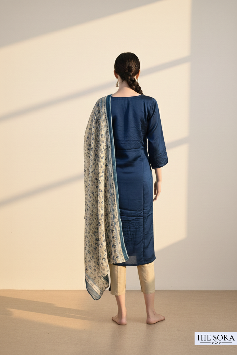 Navy Blue Embroidered Kurta Set with Printed Dupatta and Pant