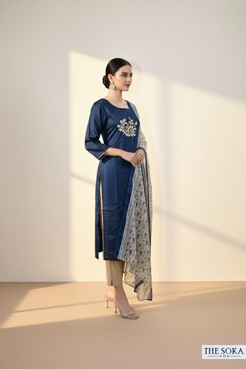 Navy Blue Embroidered Kurta Set with Printed Dupatta and Pant