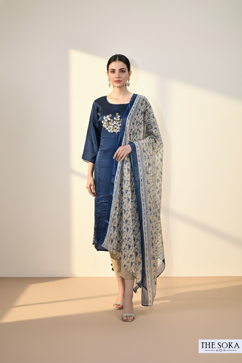 Navy Blue Embroidered Kurta Set with Printed Dupatta and Pant