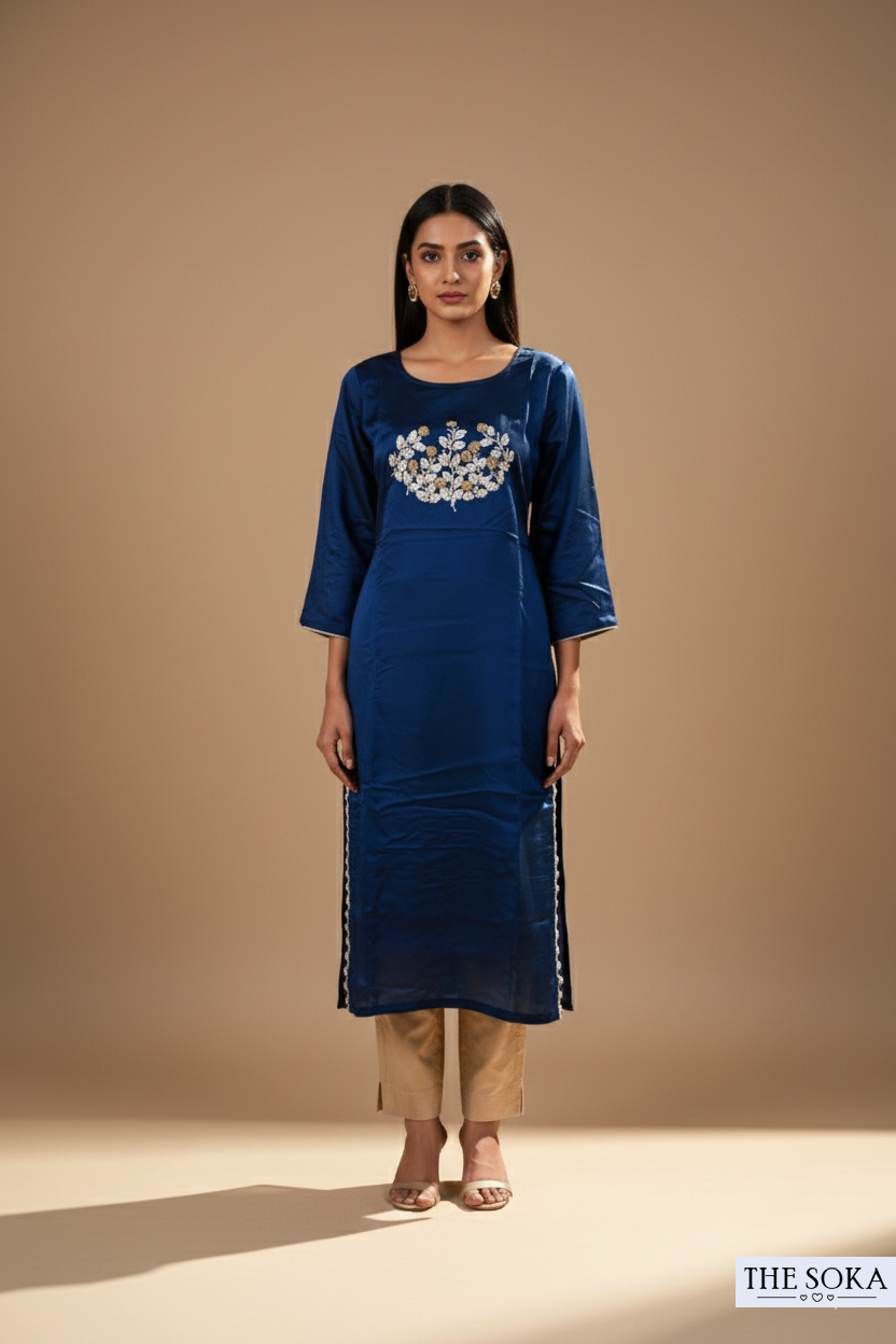 Navy Blue Embroidered Kurta Set with Printed Dupatta and Pant