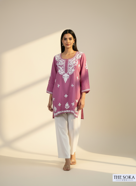 Noor Lavender Rayon Short Chikankari Kurti