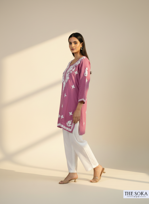 Noor Lavender Rayon Short Chikankari Kurti