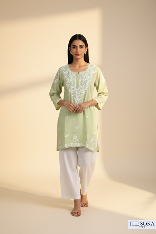 Noorani Pastel Green Rayon Short Chikankari Kurti