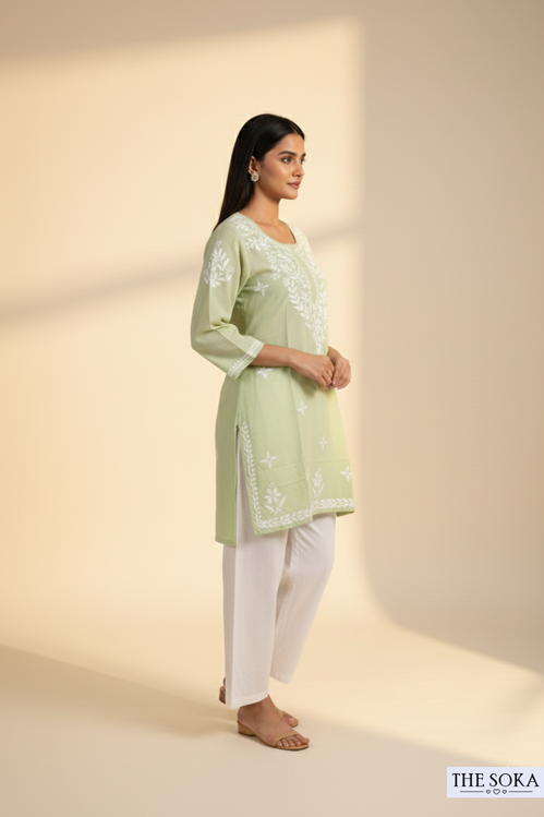 Noorani Pastel Green Rayon Short Chikankari Kurti