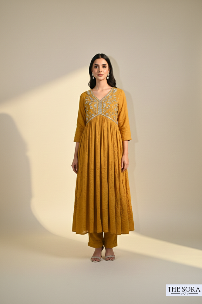 Ochre Alia Cut Anarkali Kurta Set with Dupatta