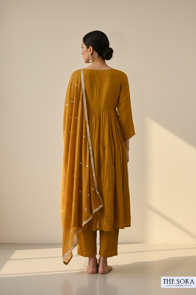 Ochre Alia Cut Anarkali Kurta Set with Dupatta