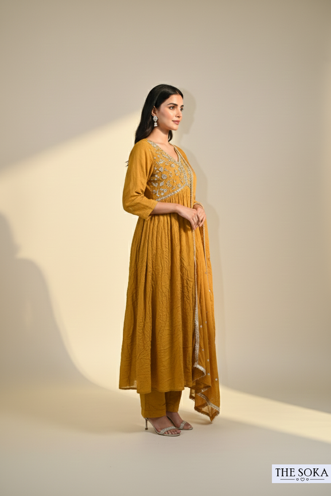 Ochre Alia Cut Anarkali Kurta Set with Dupatta
