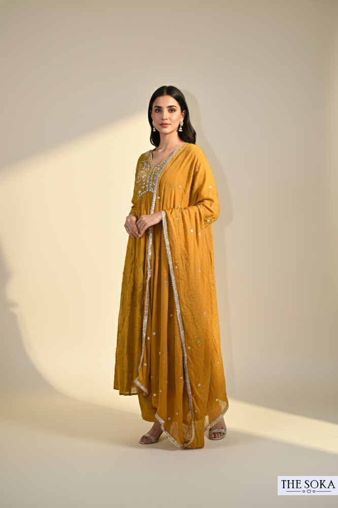 Ochre Alia Cut Anarkali Kurta Set with Dupatta