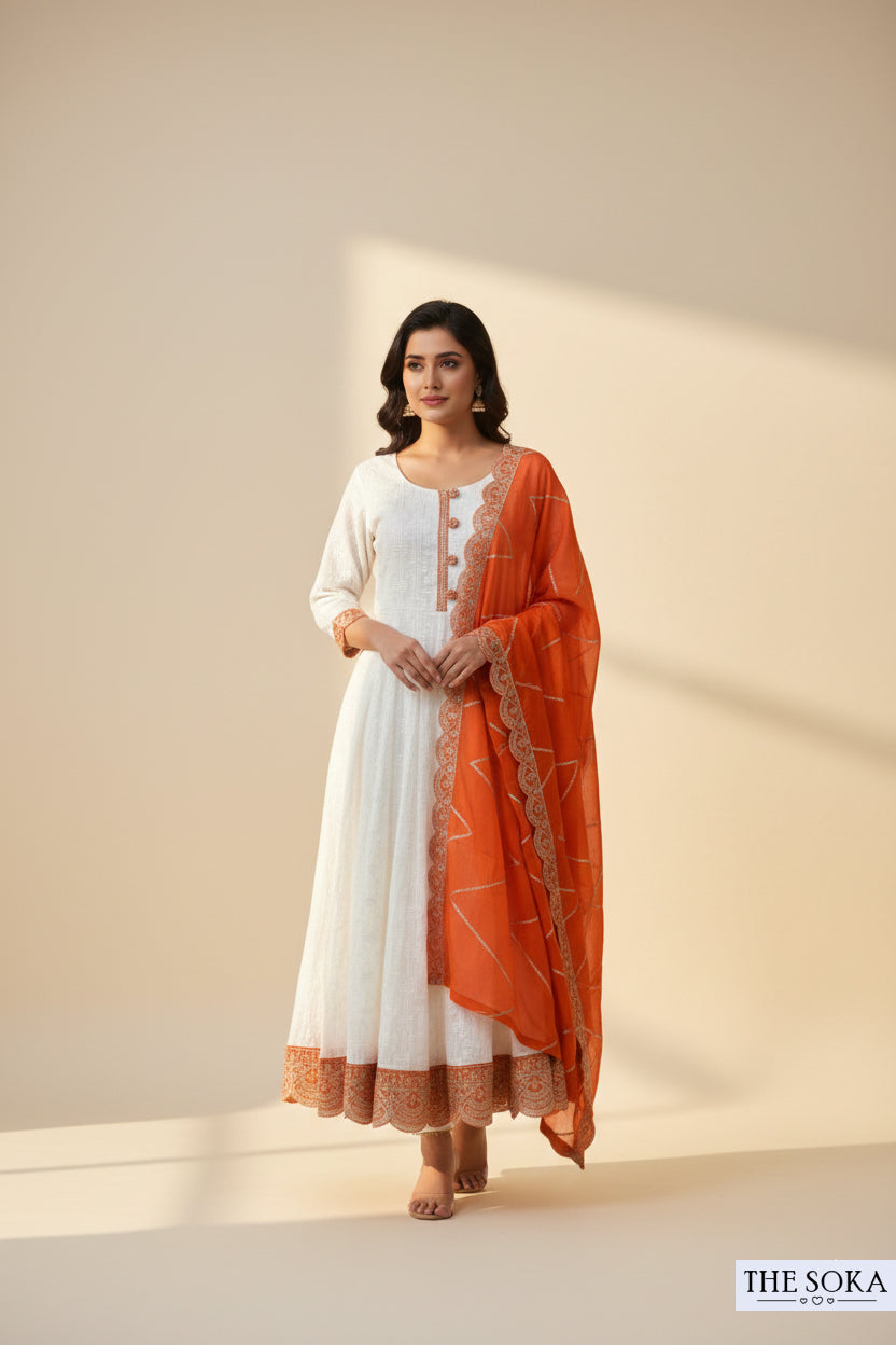 Off White Embroidered Kurta Set with Pants and Dupatta