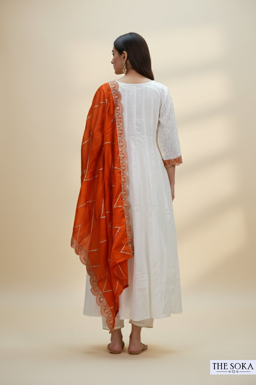 Off White Embroidered Kurta Set with Pants and Dupatta
