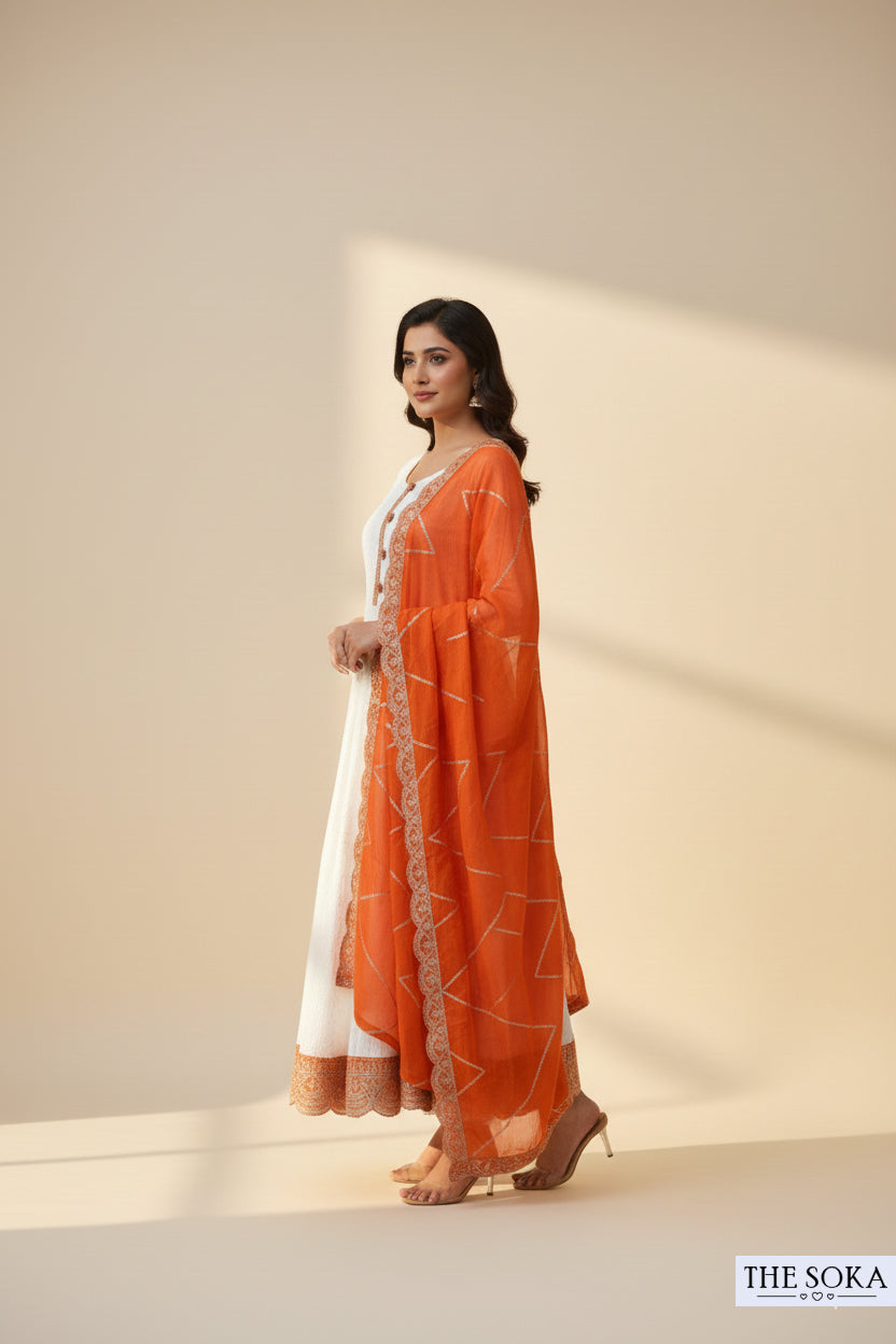 Off White Embroidered Kurta Set with Pants and Dupatta