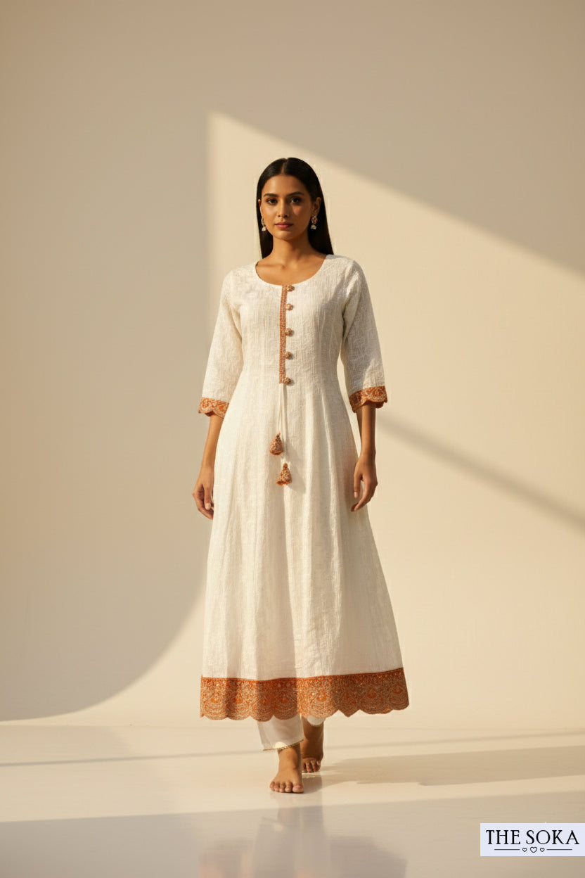 Off White Embroidered Kurta Set with Pants and Dupatta