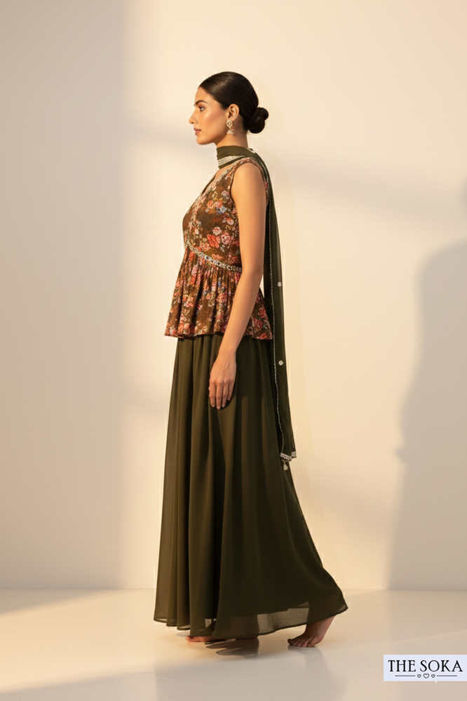 Olive Green Floral Peplum Kurta with Flared Palazzo Set