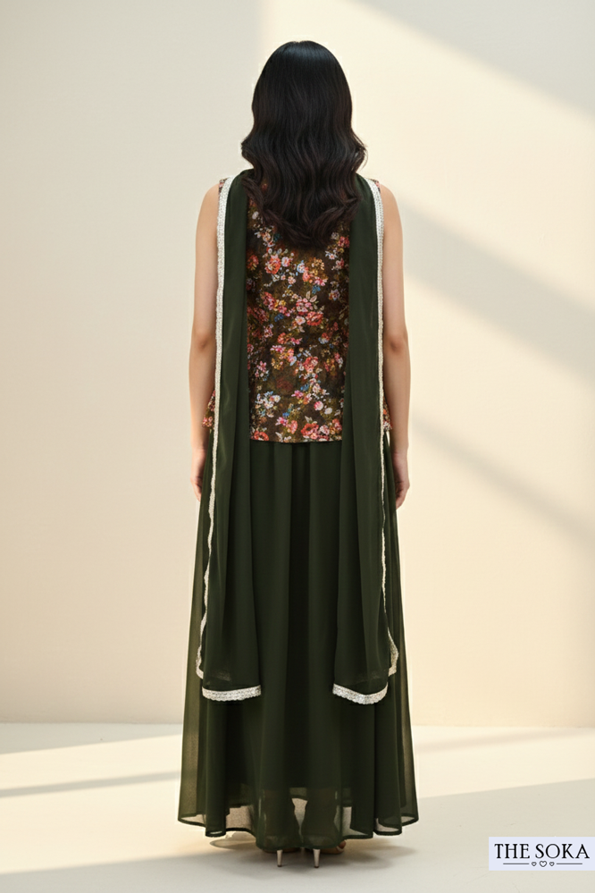 Olive Green Floral Peplum Kurta with Flared Palazzo Set
