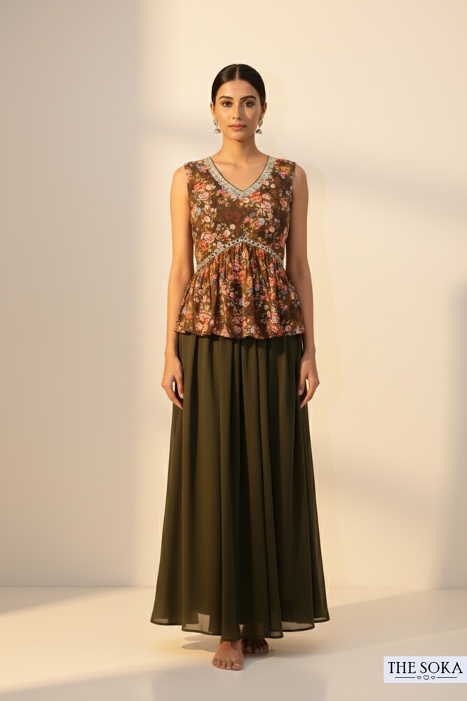 Olive Green Floral Peplum Kurta with Flared Palazzo Set