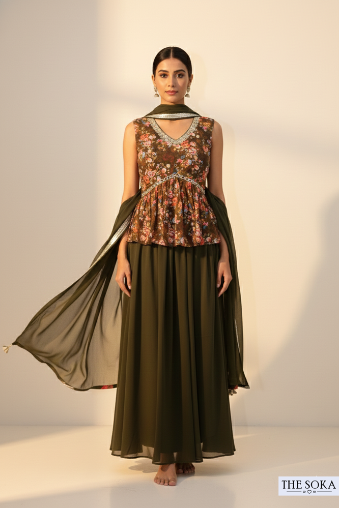 Olive Green Floral Peplum Kurta with Flared Palazzo Set