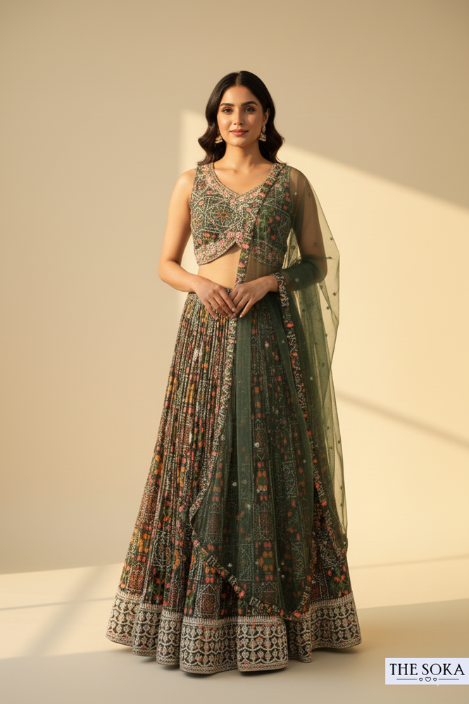 Olive Green Printed Lehenga Choli with Net Dupatta