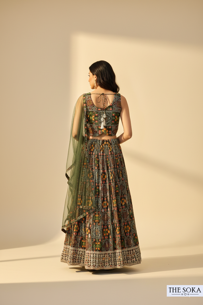 Olive Green Printed Lehenga Choli with Net Dupatta