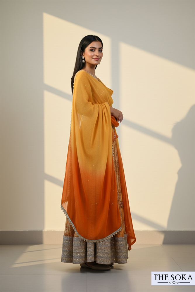 Orange Printed Anarkali Suit with Embellished Yoke and Ombre Dupatta