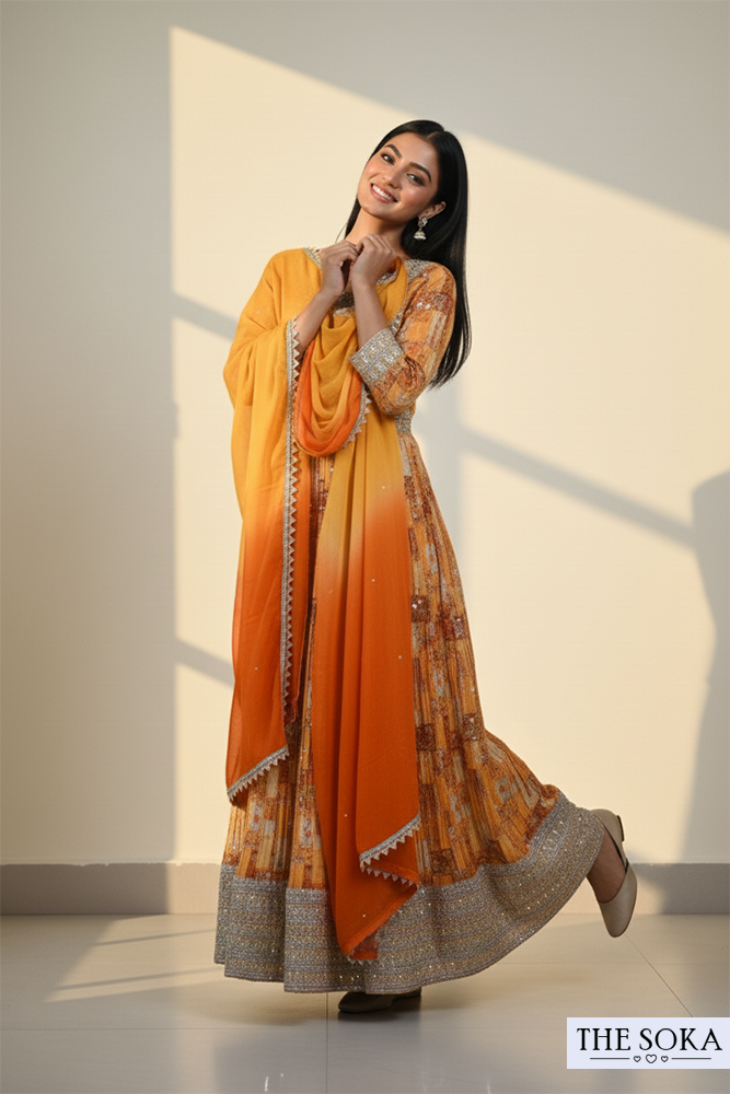 Orange Printed Anarkali Suit with Embellished Yoke and Ombre Dupatta