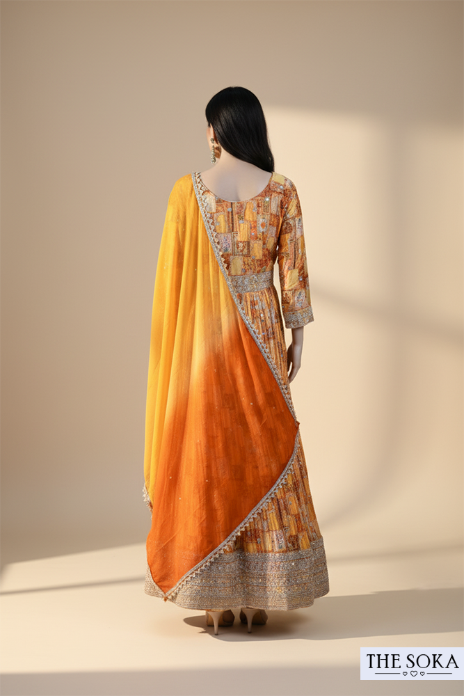 Orange Printed Anarkali Suit with Embellished Yoke and Ombre Dupatta