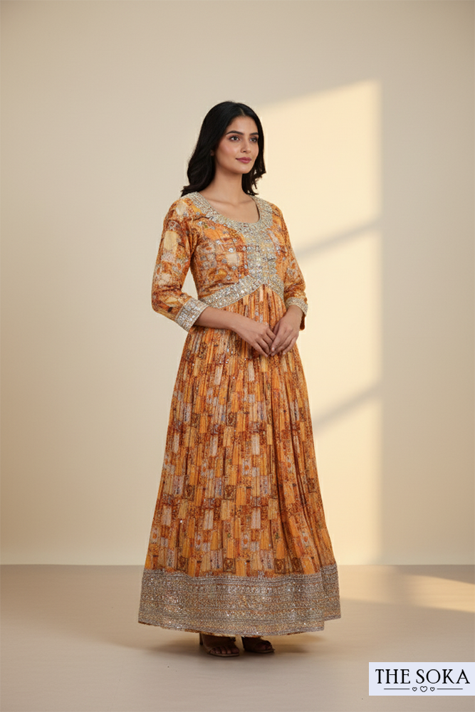 Orange Printed Anarkali Suit with Embellished Yoke and Ombre Dupatta