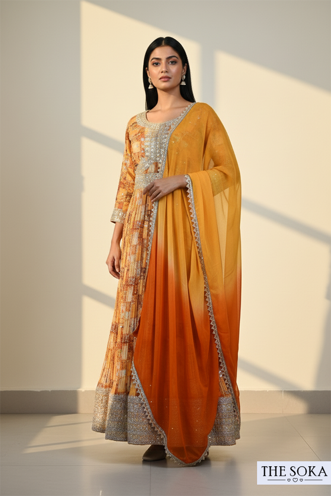 Orange Printed Anarkali Suit with Embellished Yoke and Ombre Dupatta