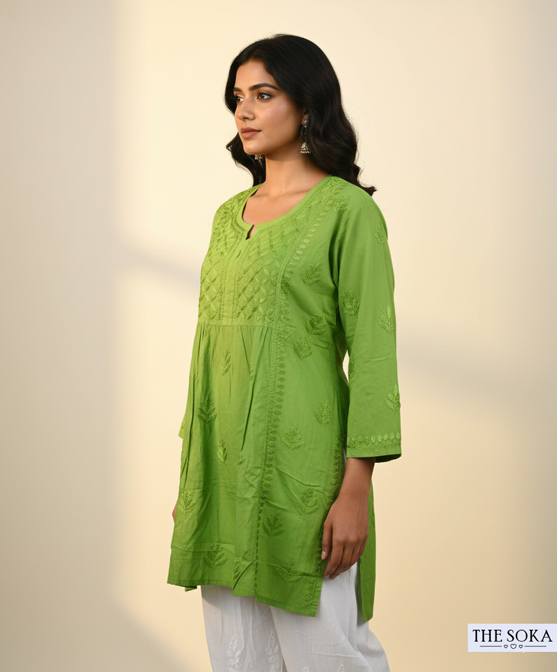 Parrot Green Cotton Chikankari Short Kurti