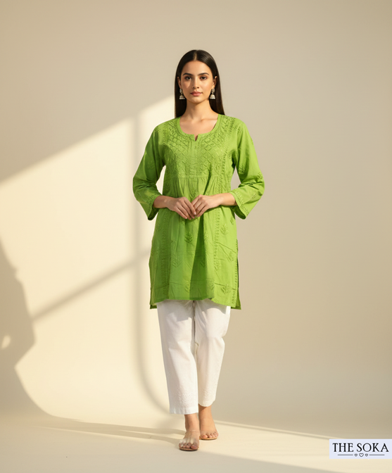 Parrot Green Cotton Chikankari Short Kurti