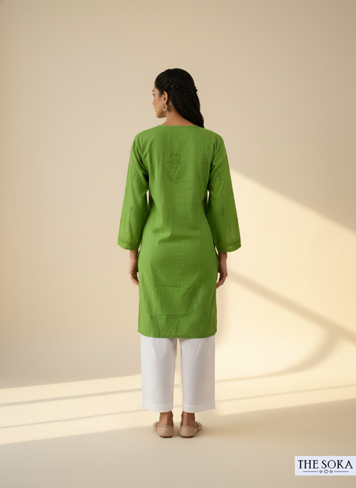 Parrot Green Cotton Chikankari Short Kurti