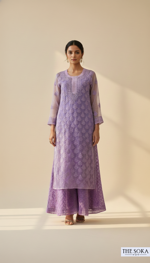Pastel Lavender Women Chikankari Kurta Set in Light Purple