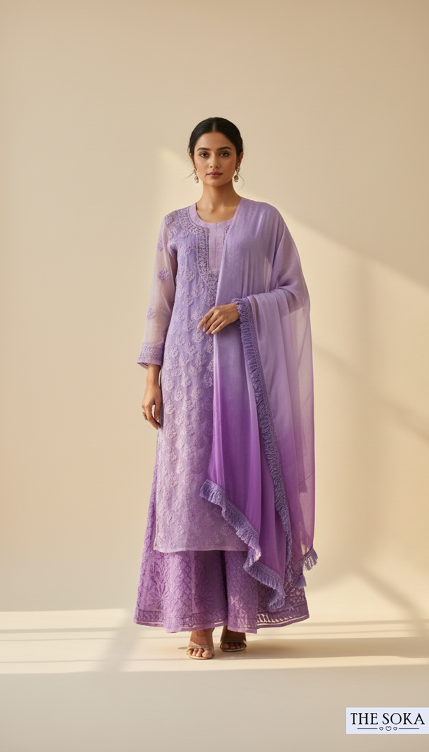 Pastel Lavender Women Chikankari Kurta Set in Light Purple