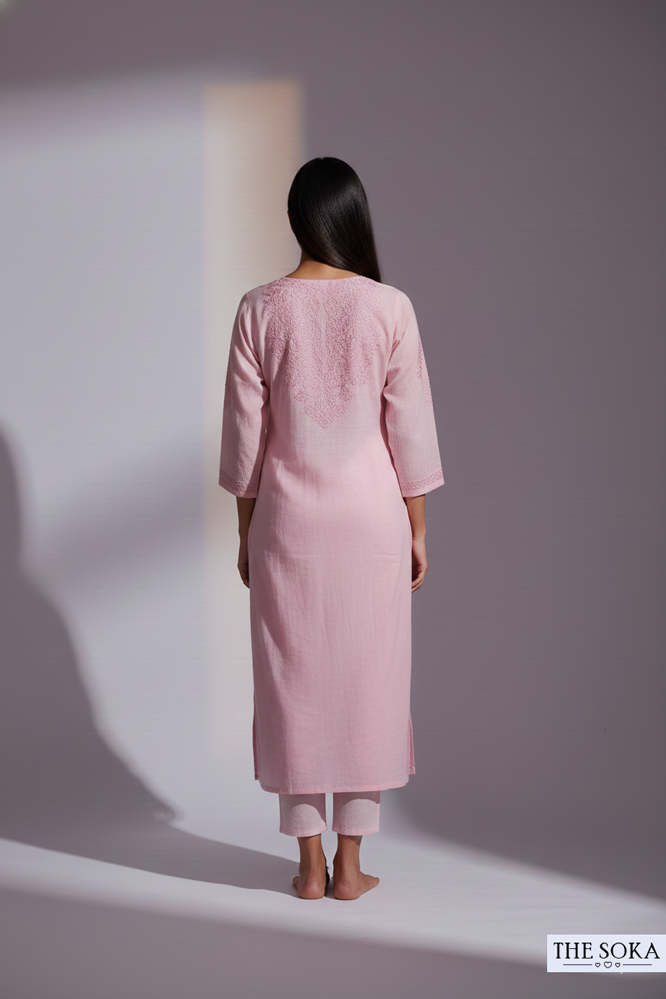 Pastel Rose Pure Chikankari Premium Reyon Long Kurti Embroidered Handwork