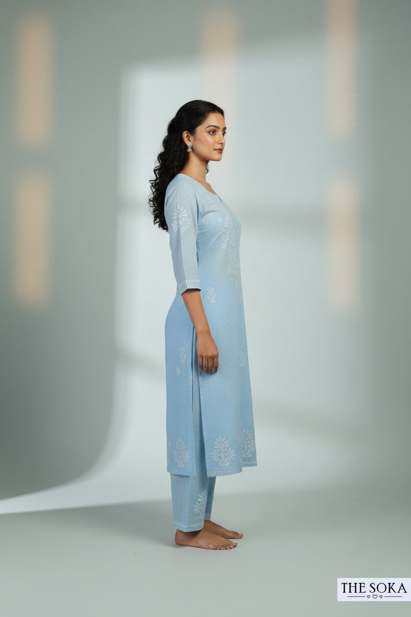 Pastel Sky Blue Pure Chikankari Premium Dobby Cotton Embroidered Handwork 