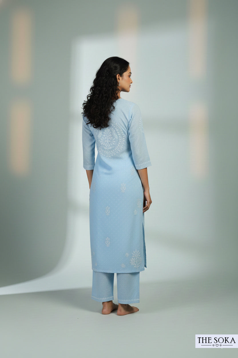 Pastel Sky Blue Pure Chikankari Premium Dobby Cotton Embroidered Handwork 