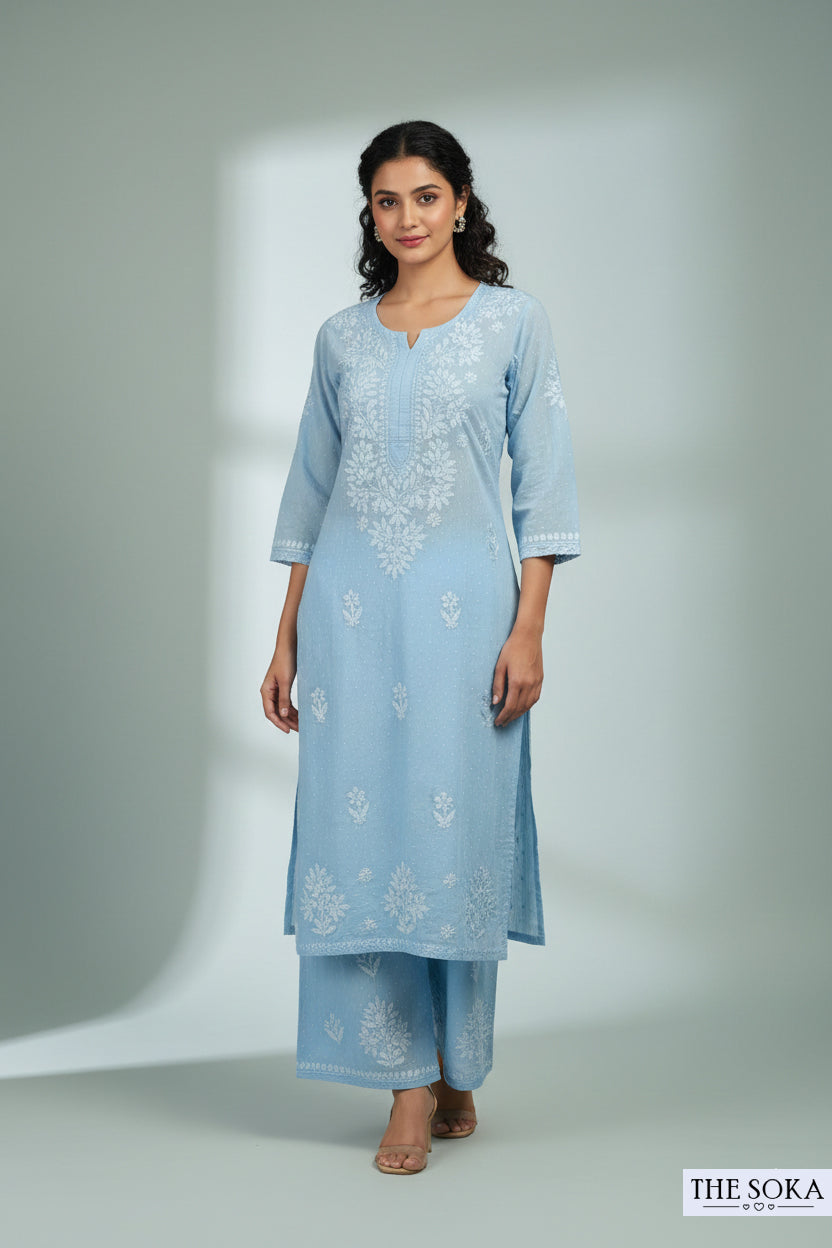 Pastel Sky Blue Pure Chikankari Premium Dobby Cotton Embroidered Handwork 