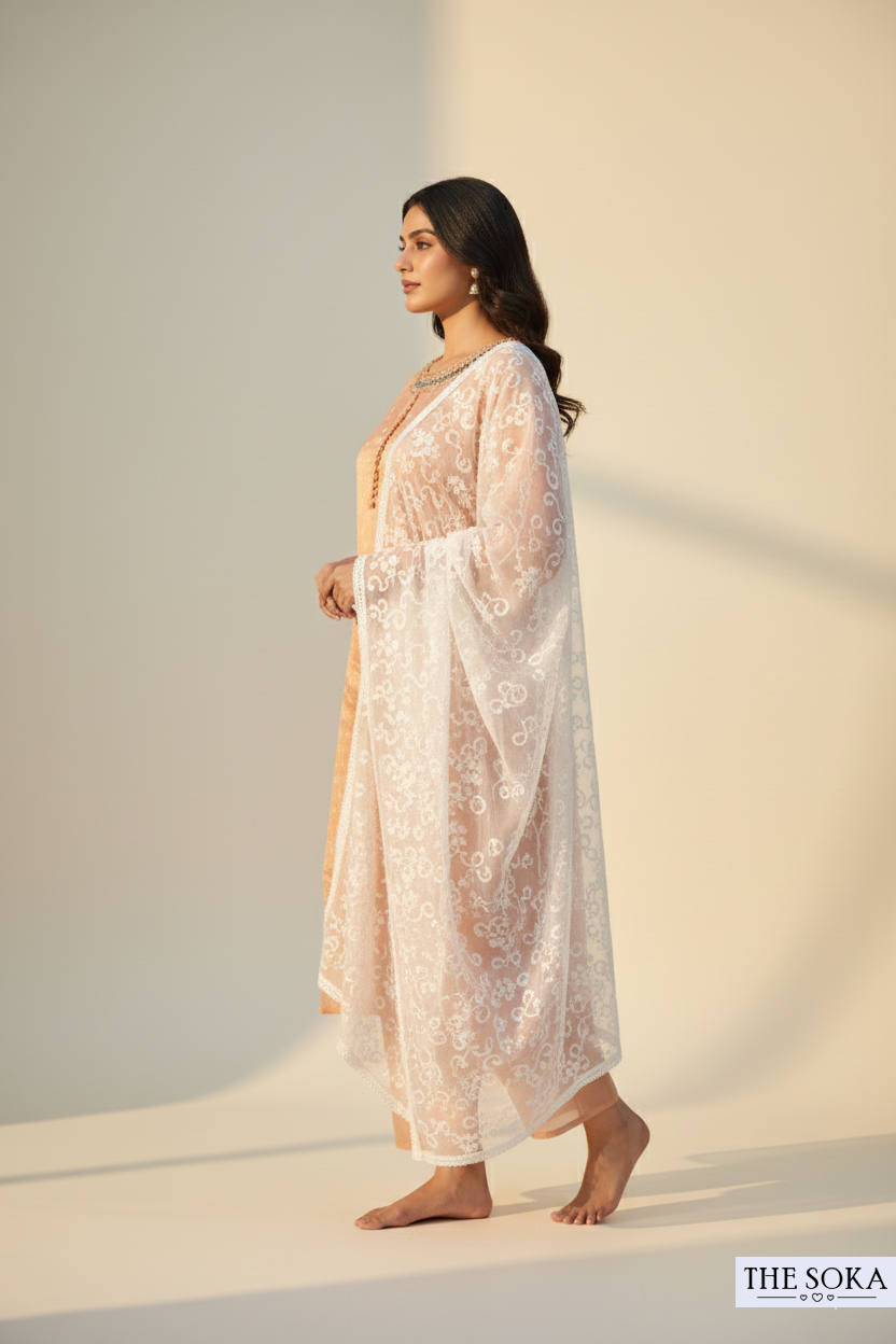 Peach Embroidered Kurta Set with White Chikankari Dupatta
