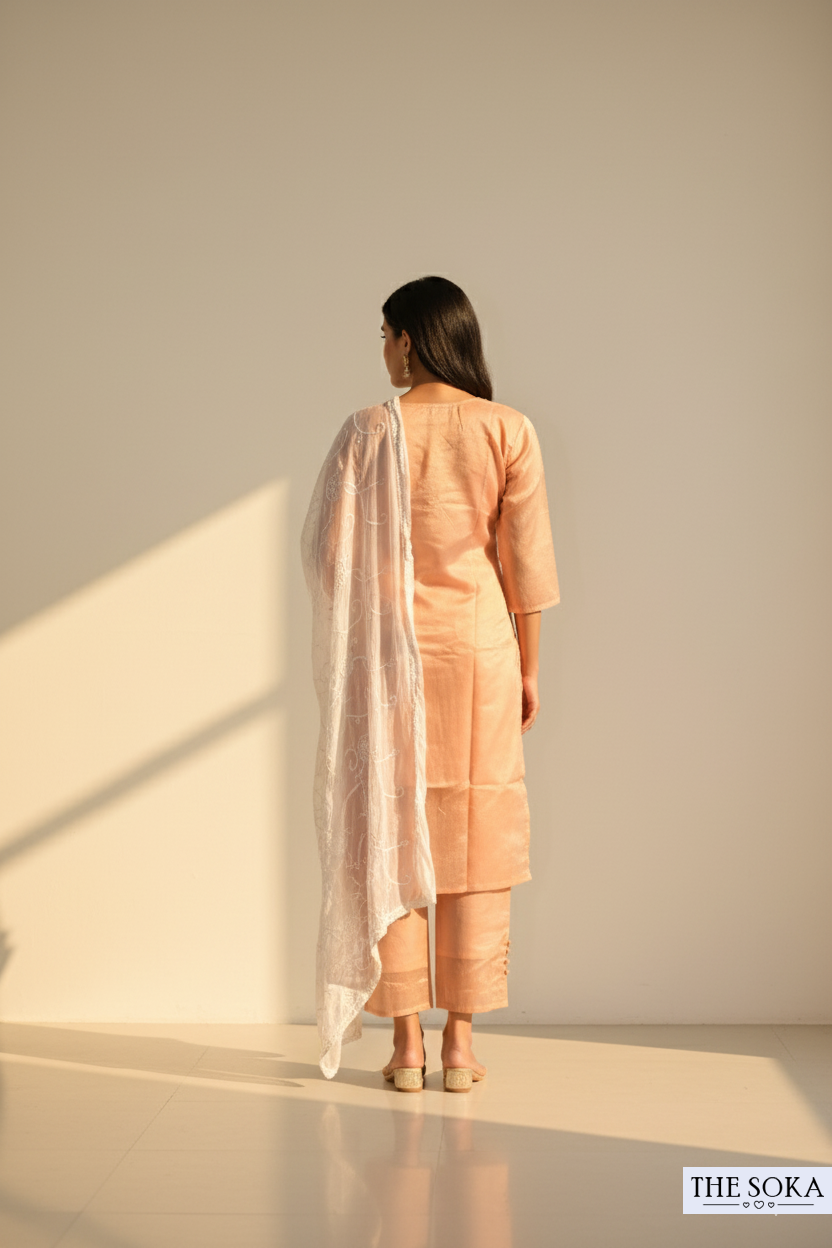 Peach Embroidered Kurta Set with White Chikankari Dupatta