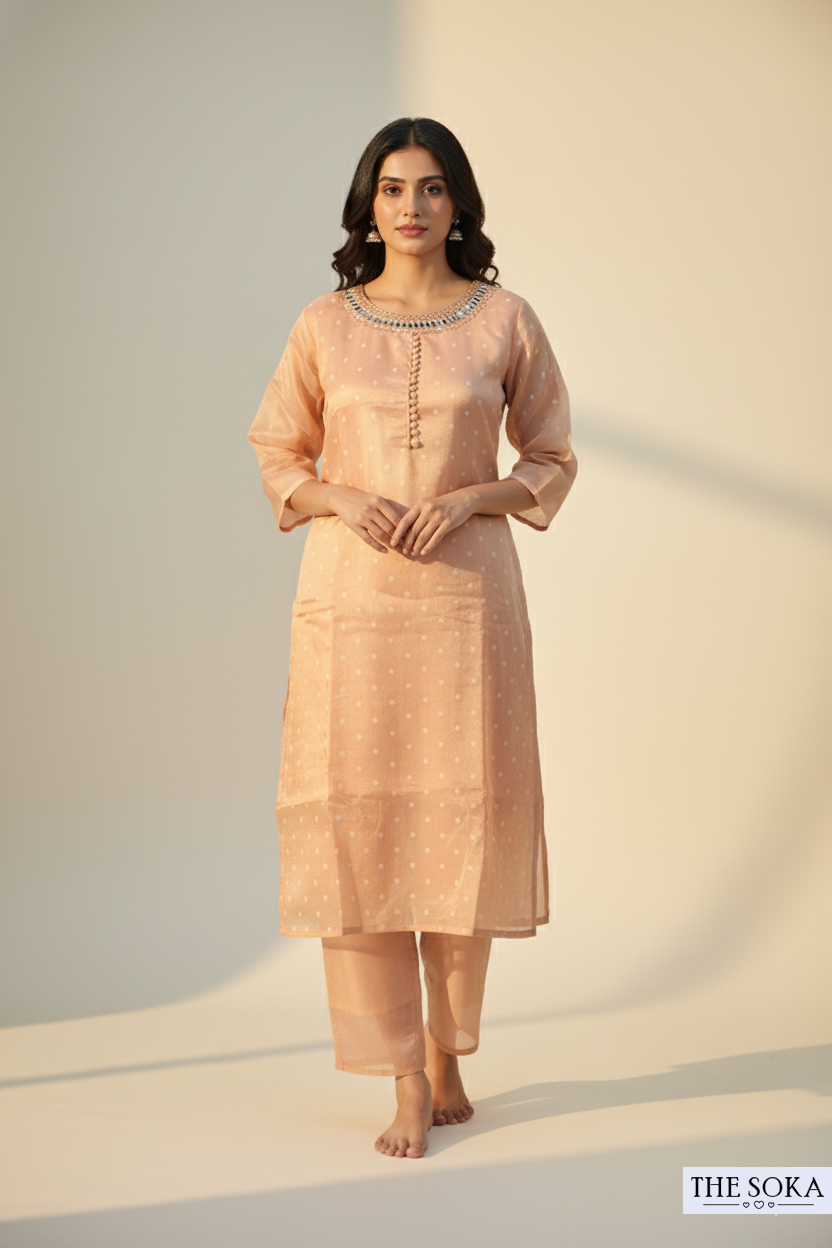 Peach Embroidered Kurta Set with White Chikankari Dupatta