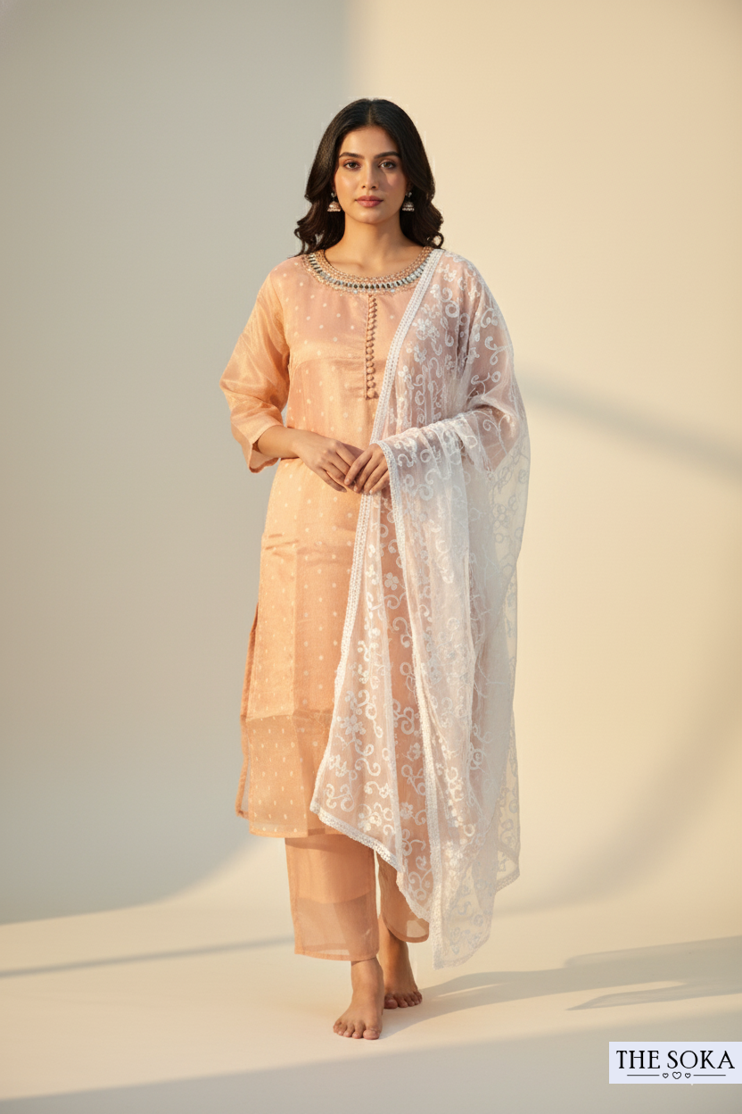 Peach Embroidered Kurta Set with White Chikankari Dupatta