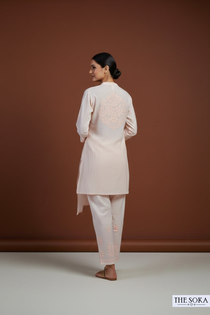 Peach Pure Chikankari Premium Muslin Co-Ord Embroidered Handwork